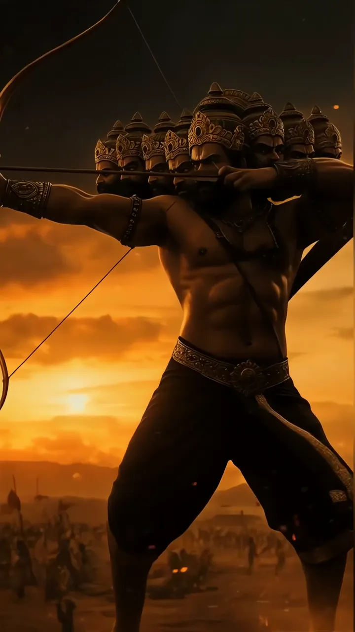Ravana With Ten Heads And Bow At Sunset