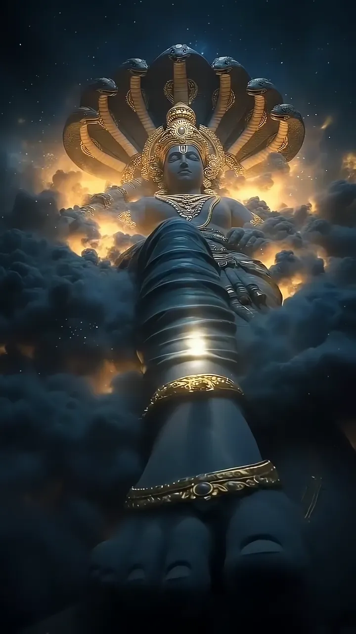 Lord Vishnu Cosmic Serpent Crown Divine Pose