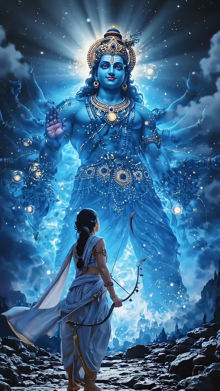 Radha Krishna Divine Blue Aura Temple Scene
