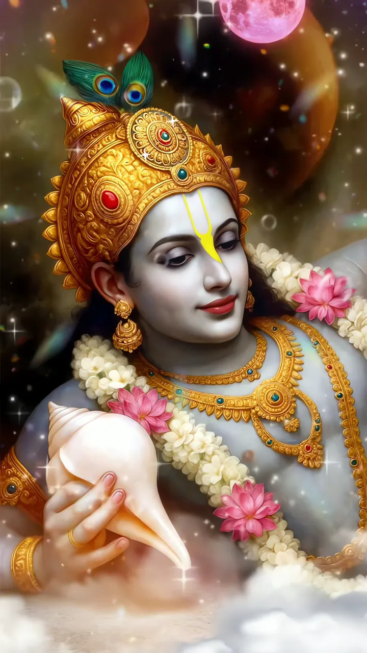 Maha Vishnu Holding Conch Shell With Peacock Feather And Pink Moon
