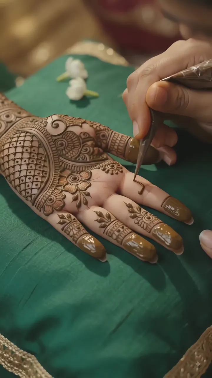 Full Hand Mehndi Design Being Applied With Jasmine Flowers