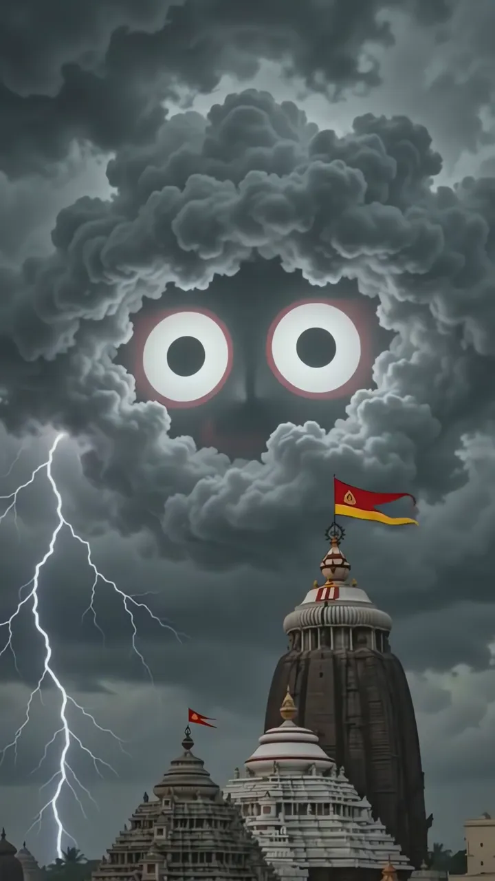 Jagannath Ji Divine Cloud Form With Thunder And Temple