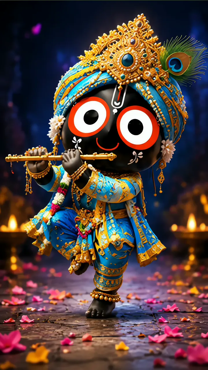 Chibi Jagannath Playing Flute With Golden Crown And Blue Attire