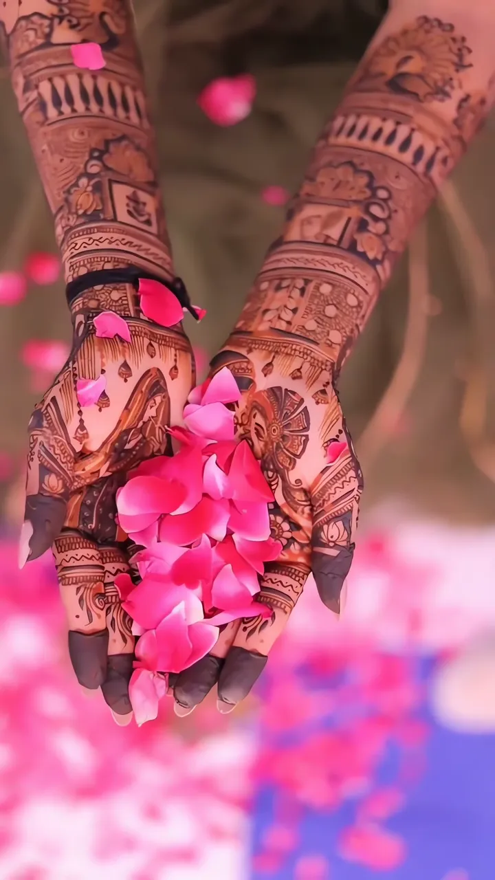 Mehndi Hands Holding Pink Rose Petals For Wedding