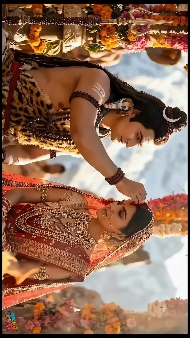Shiva Applying Tilak On Parvati's Forehead In Sacred Temple Scene