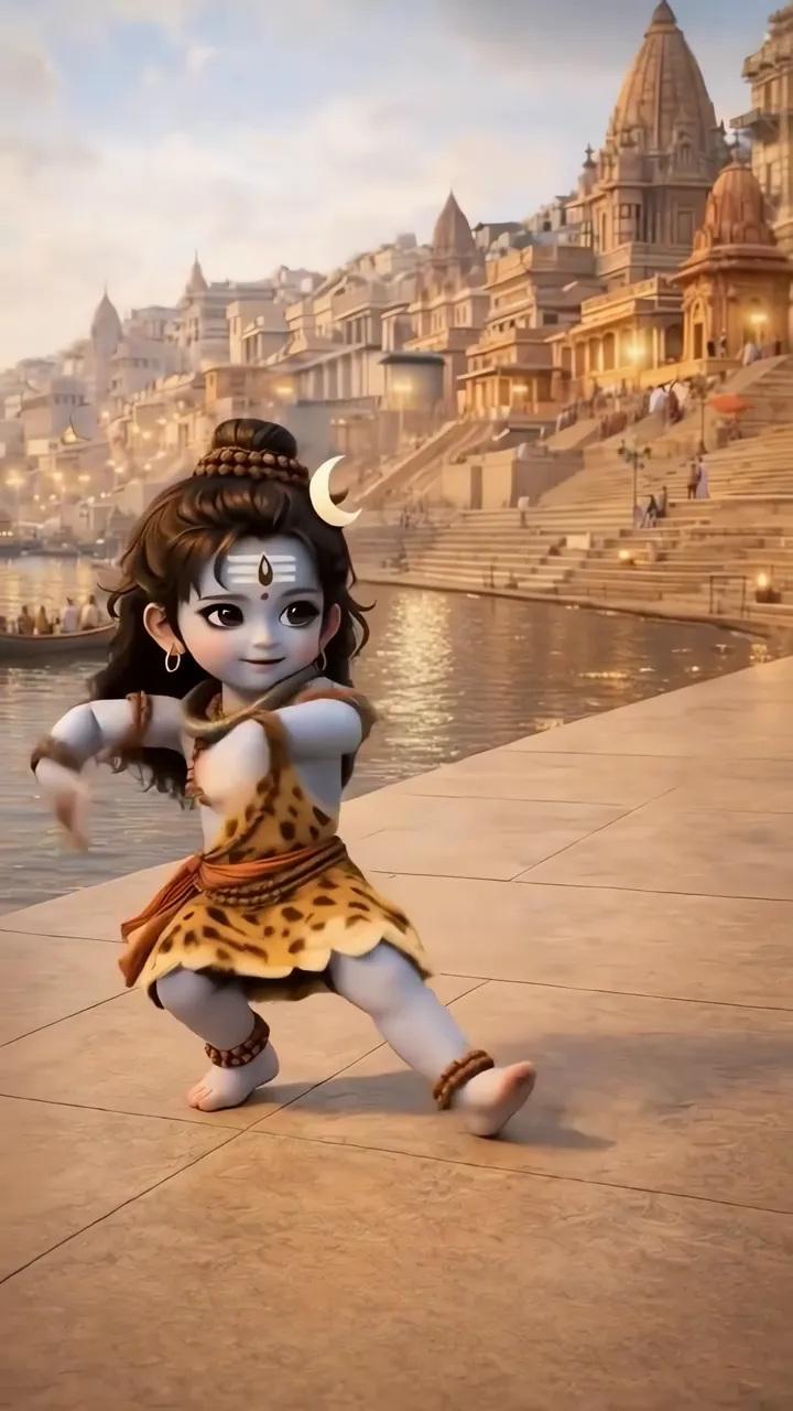 Cute Shiva Child Dancing On Riverbank With Temple Background