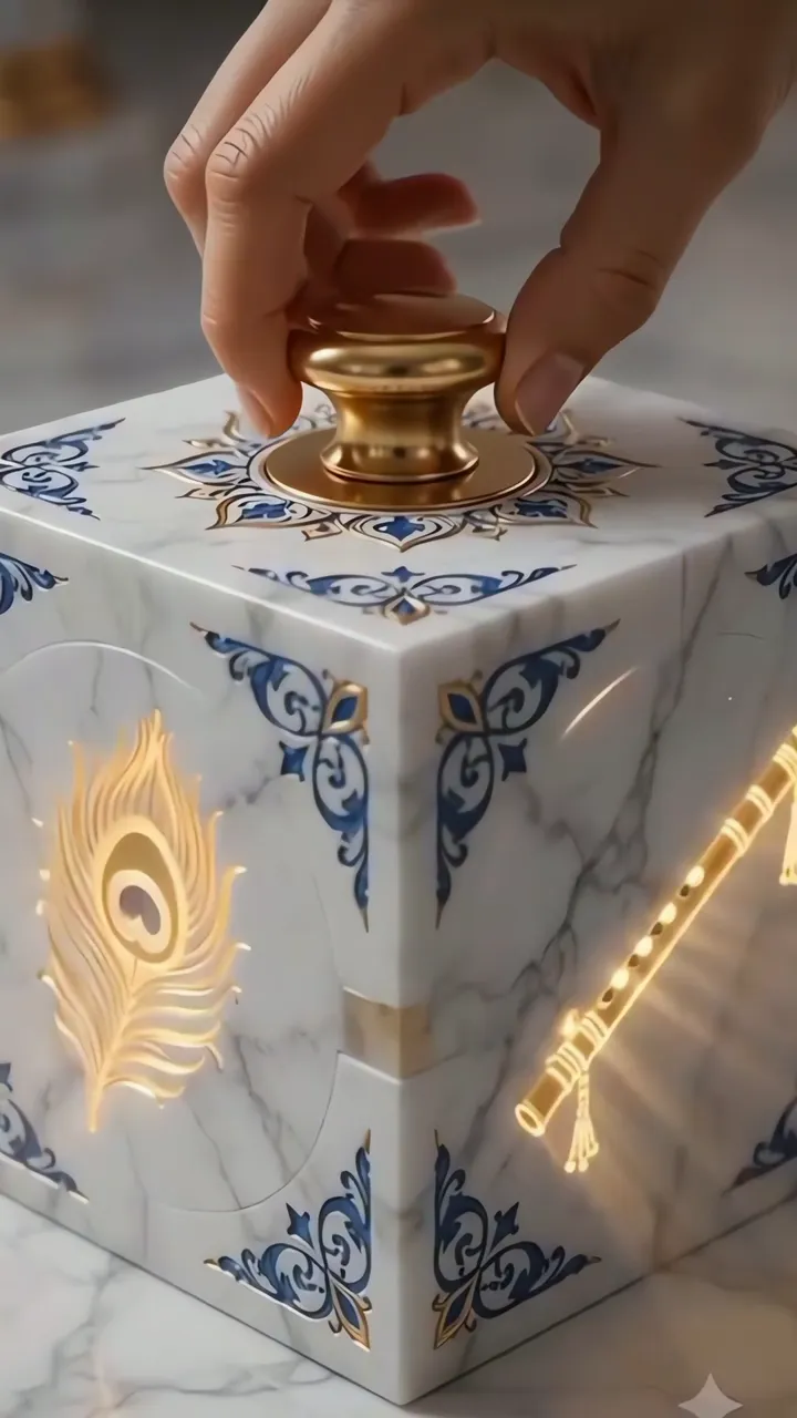 Golden Peacock Feather And Flute Marble Box With Blue Ornament