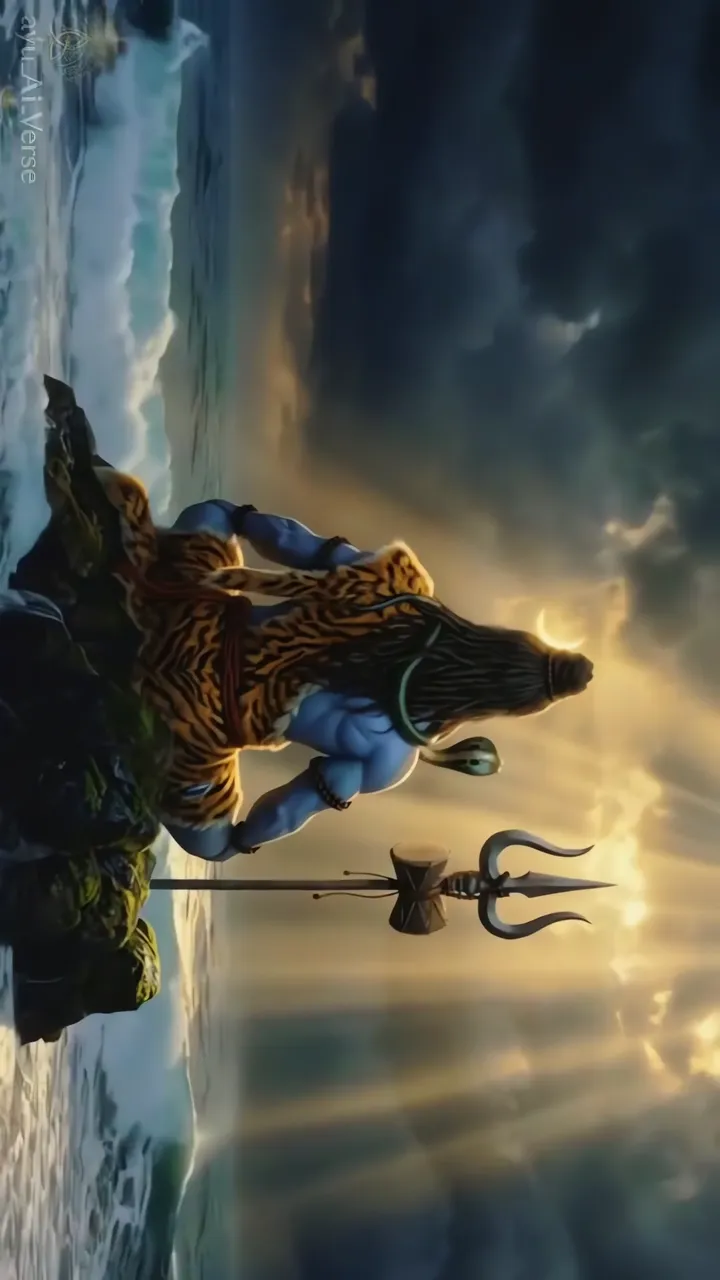 Shiva With Trishul Standing On Mountain Peak During Sunset