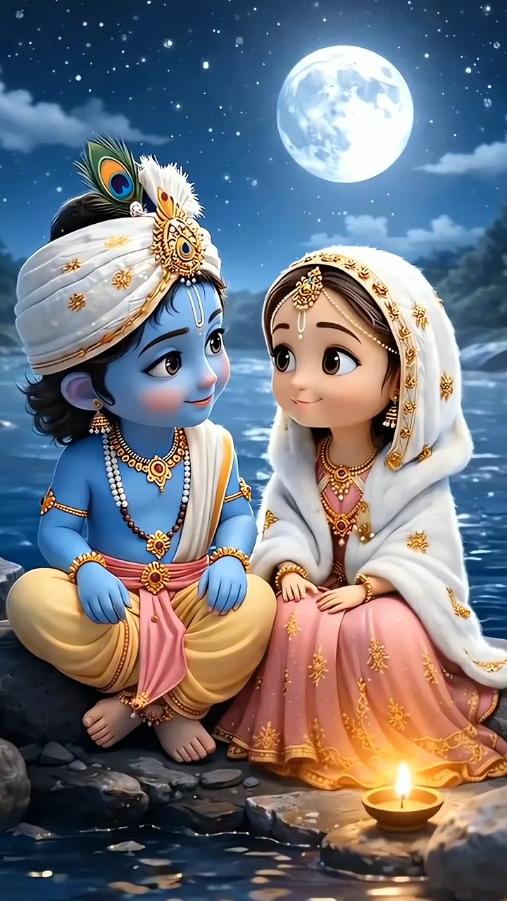 Radha Krishna Romantic Moonlight River Scene