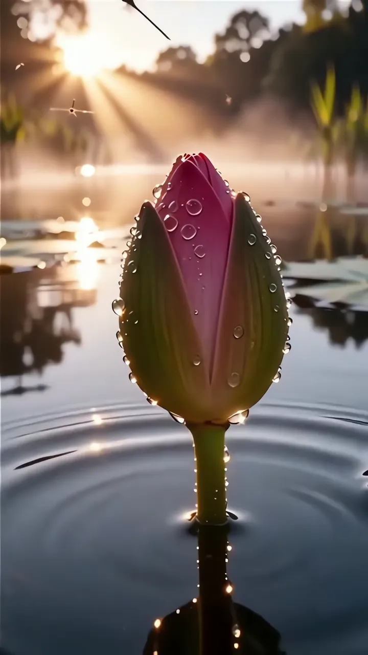Pink Lotus Bud With Dew Drops Sunrise Pond Scene