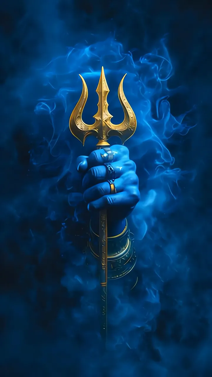 Blue Hand Holding Golden Trishul With Divine Aura