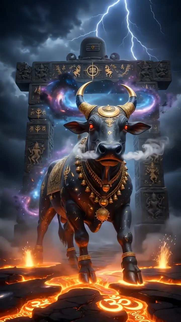 Black Nandi Bull With Golden Horns And Lightning Aura