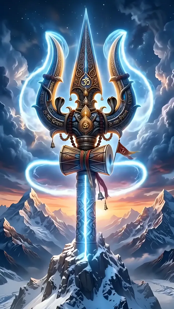 Glowing Trishul With Om Symbol And Mountain Aura