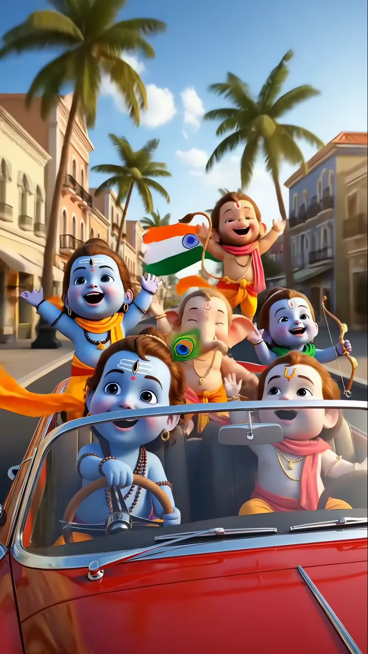 Baby Shiva And Ganesha Joyful Road Trip With Indian Flag