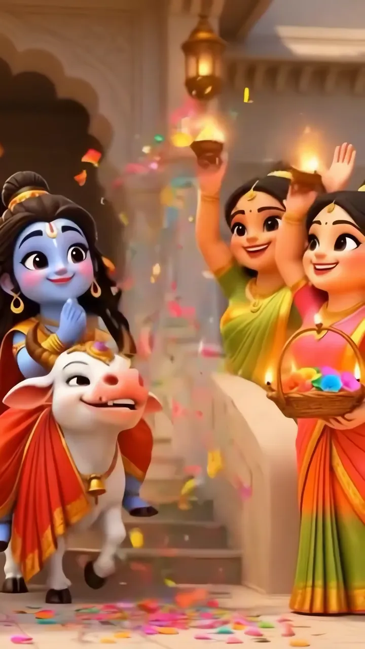 Shiva Riding Nandi With Devotees Celebrating Diwali