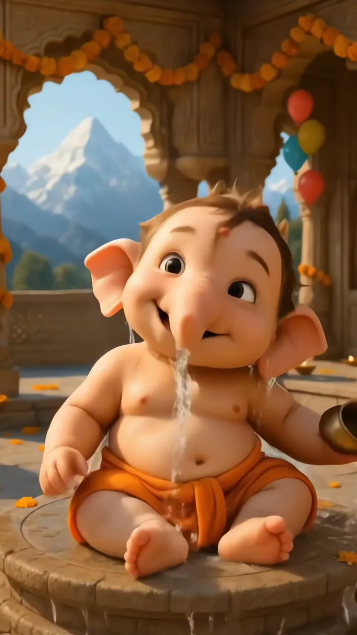 Cute Baby Ganesha Playing Water With Balloons And Mountains