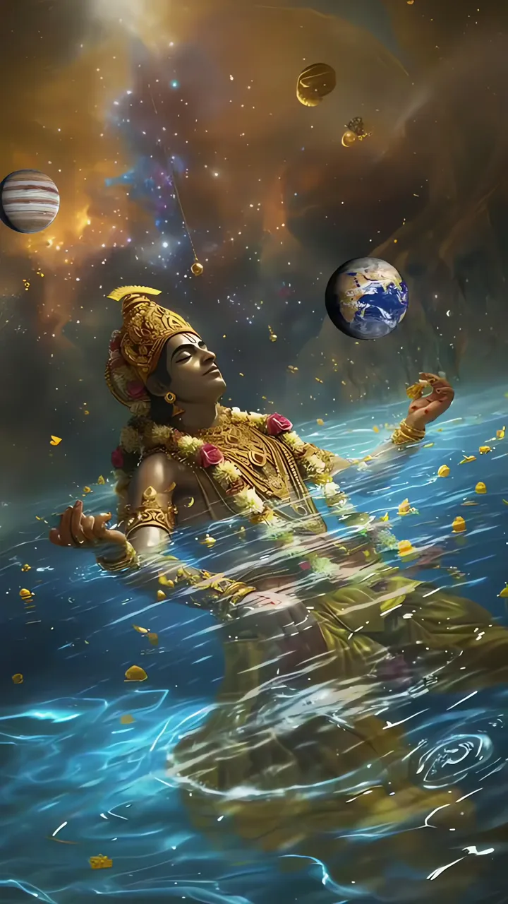 Narayan Bhagwan Cosmic Meditation With Planets And Blue Water