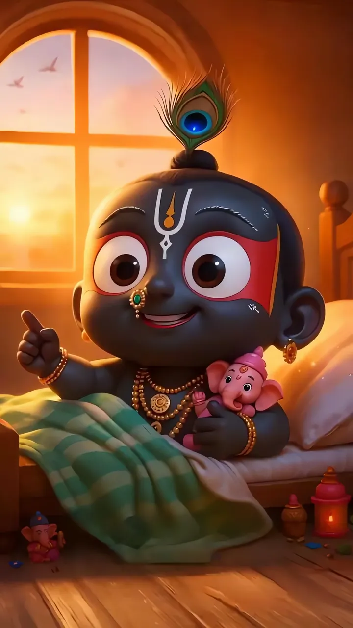 Cute Baby Ganesha Holding Pink Elephant Toy In Warm Bedroom