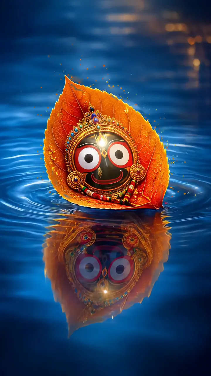 Jagannath Divine Face On Orange Leaf Floating In Water