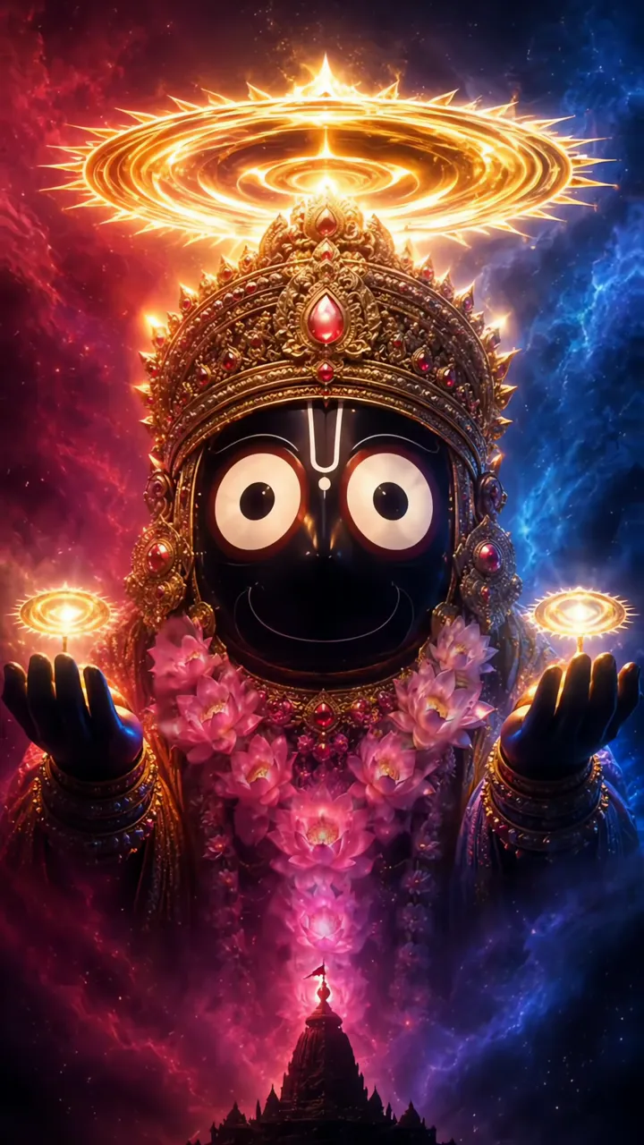 Jay Jagannath Cosmic Rathyatra With Lotus And Golden Halo