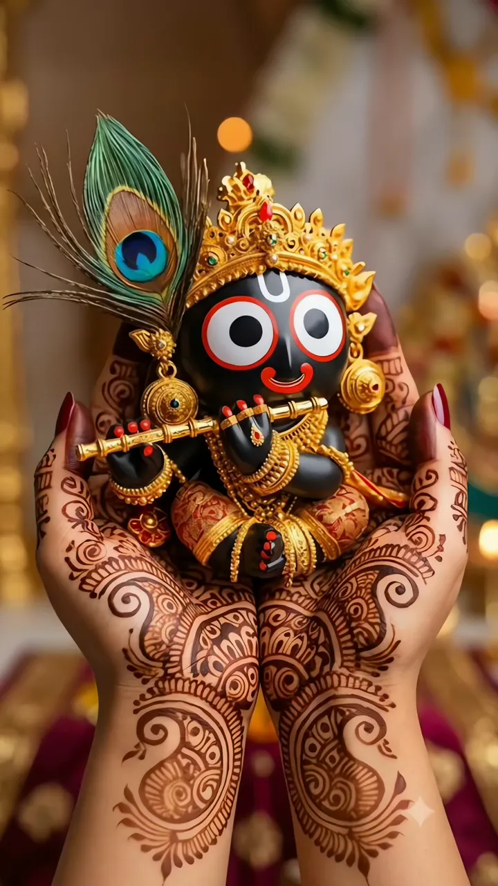 Krishna Idol With Peacock Feather And Henna Hands
