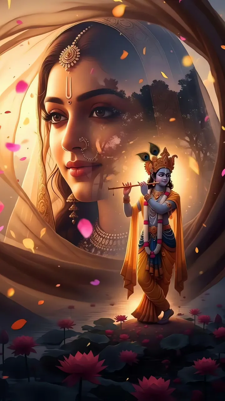 Radha Krishna Romantic Lotus Pond Scene