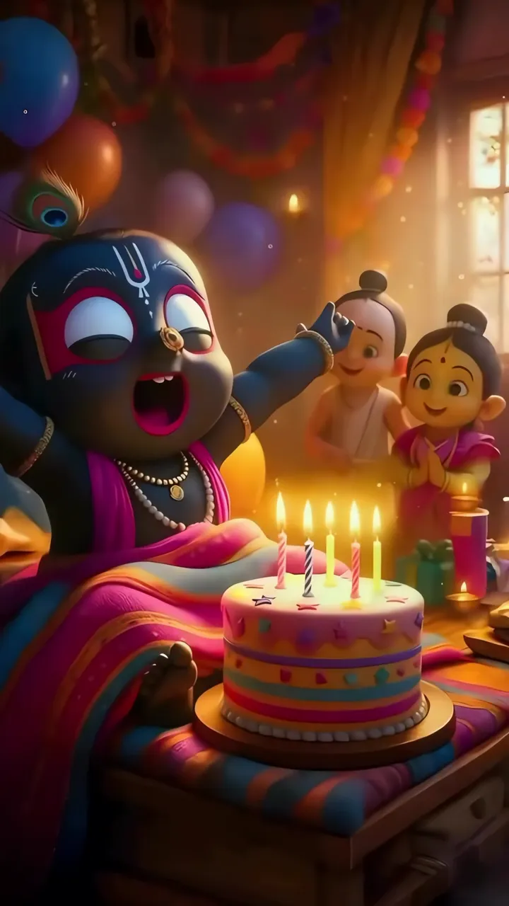 Baby Krishna Celebrating Janmashtami With Birthday Cake And Peacock Feather