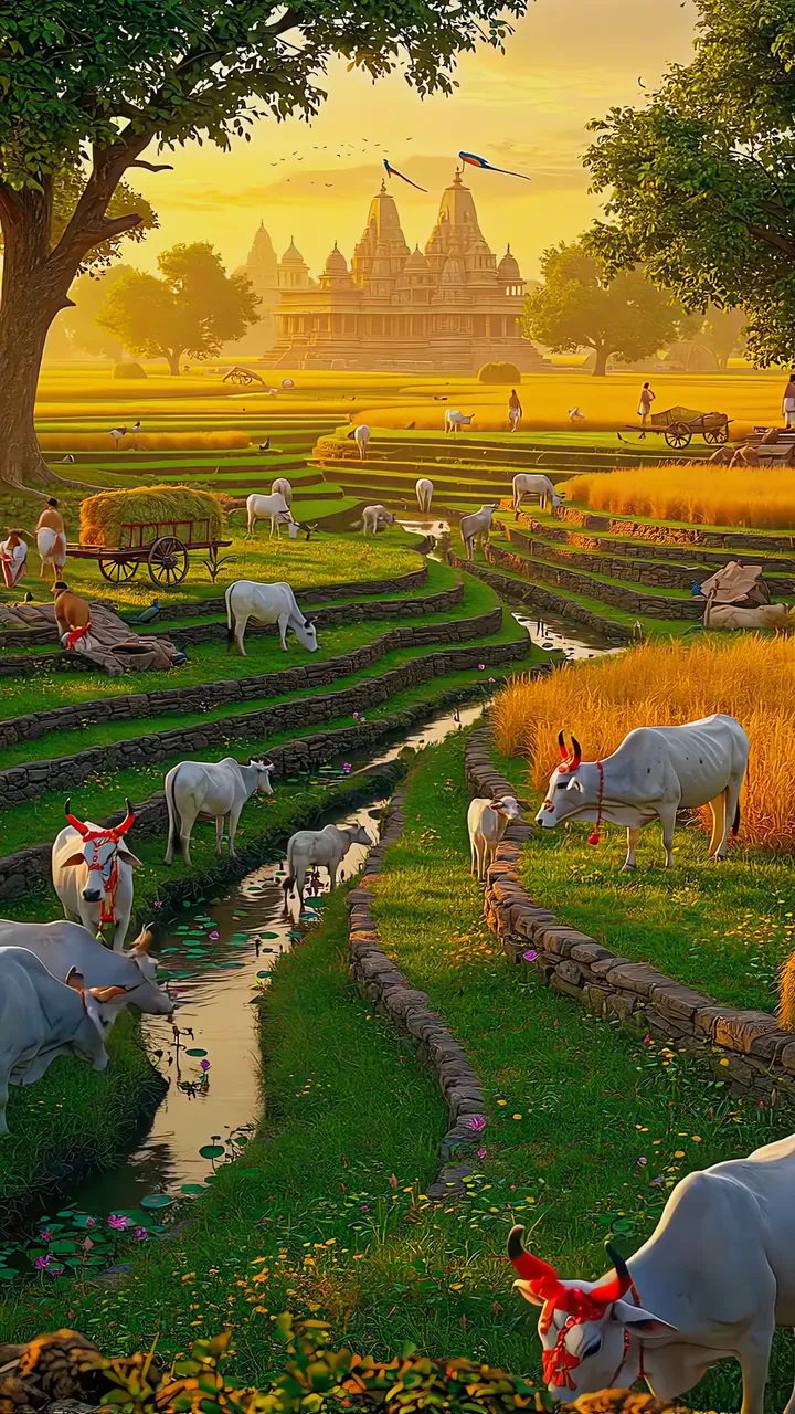 Sacred White Cows Grazing In Golden Rice Fields Near Temple