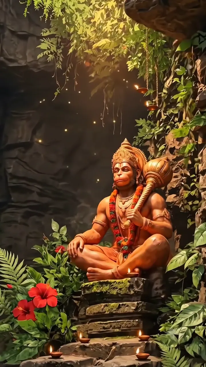 Hanuman Meditation In Sacred Cave With Lotus And Diya