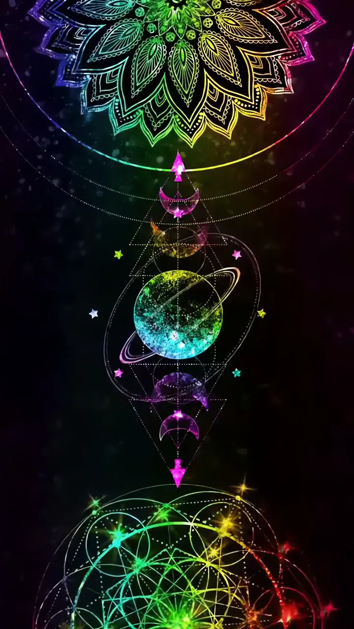 Rainbow Mandala Cosmic Galaxy With Planets And Stars