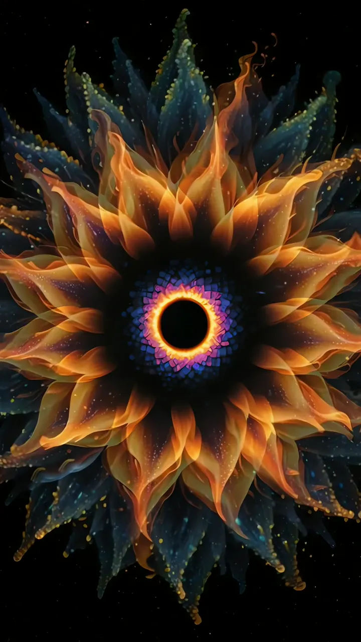 Digital Flower With Fiery Orange Petals And Cosmic Eye
