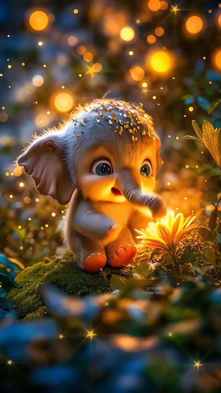 Cute Baby Elephant With Sparkling Aura And Golden Flower