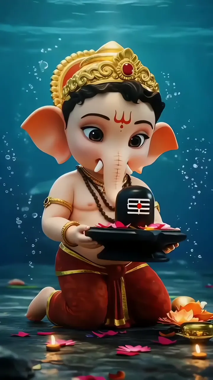 Cute Baby Ganesha Underwater With Shiva Lingam And Lotus