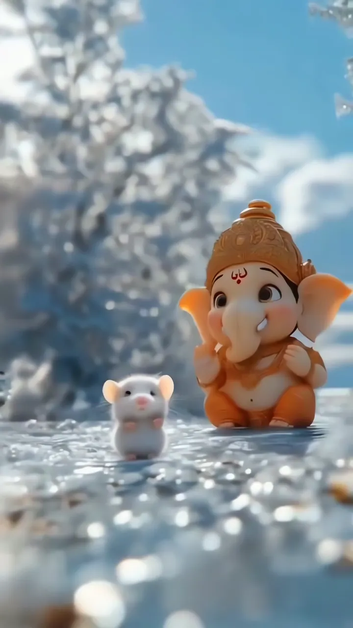 Cute Ganesha With White Mouse In Snowy Winter Scene