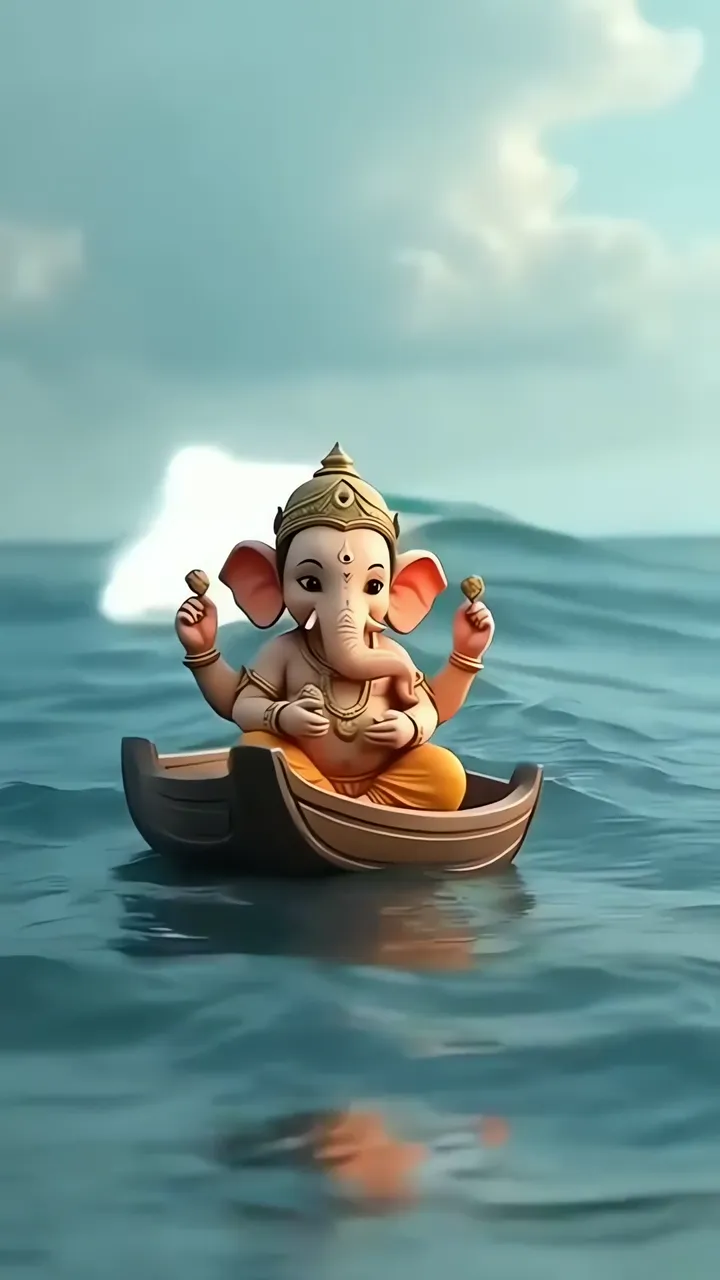 Ganesha In Boat On Calm Ocean With Golden Crown