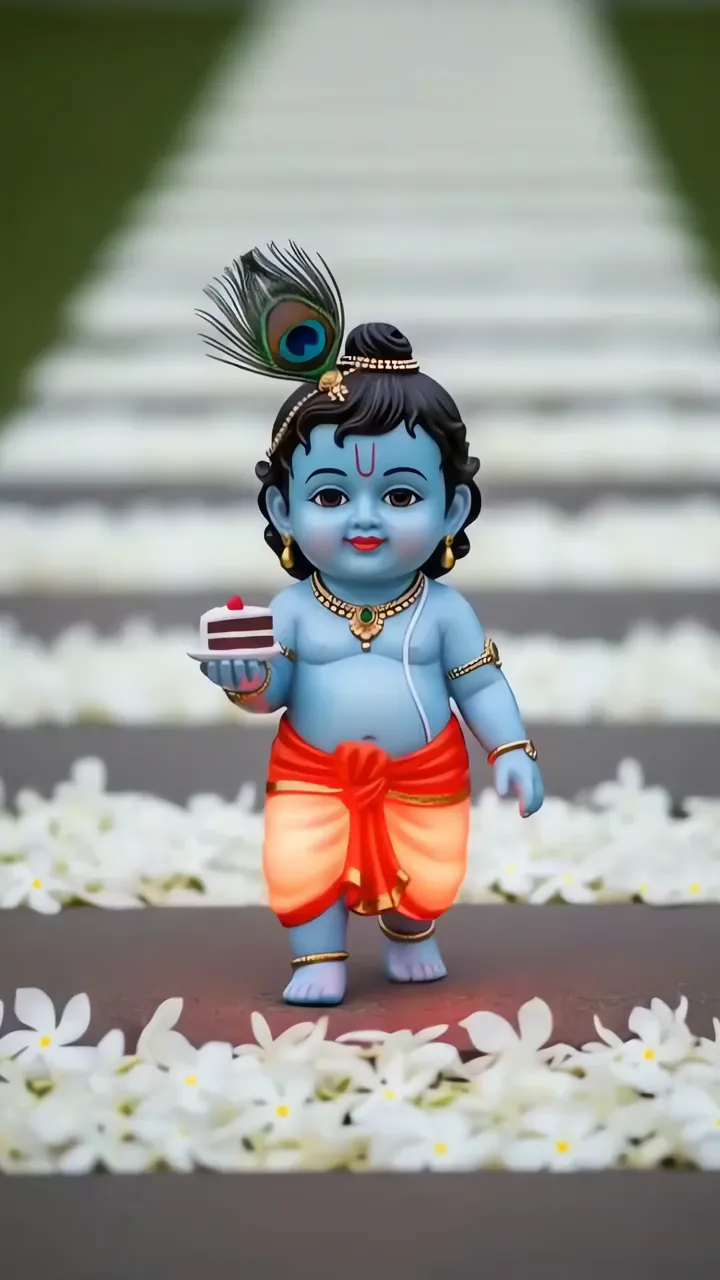 Baby Krishna Holding Cake With Peacock Feather And White Flowers