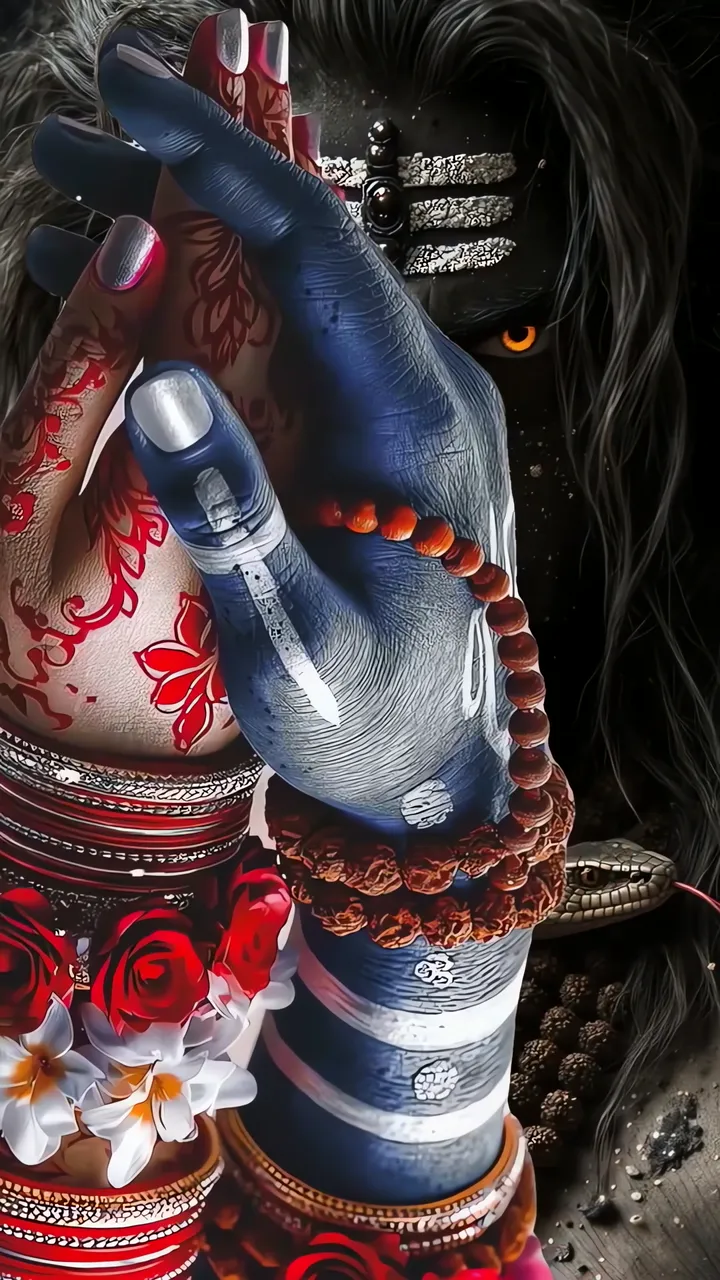 Shiva Blue Skin With Red Roses And Snake