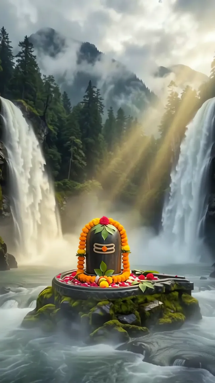Shiva Lingam Sacred Mountain Temple With Waterfalls And Golden Light