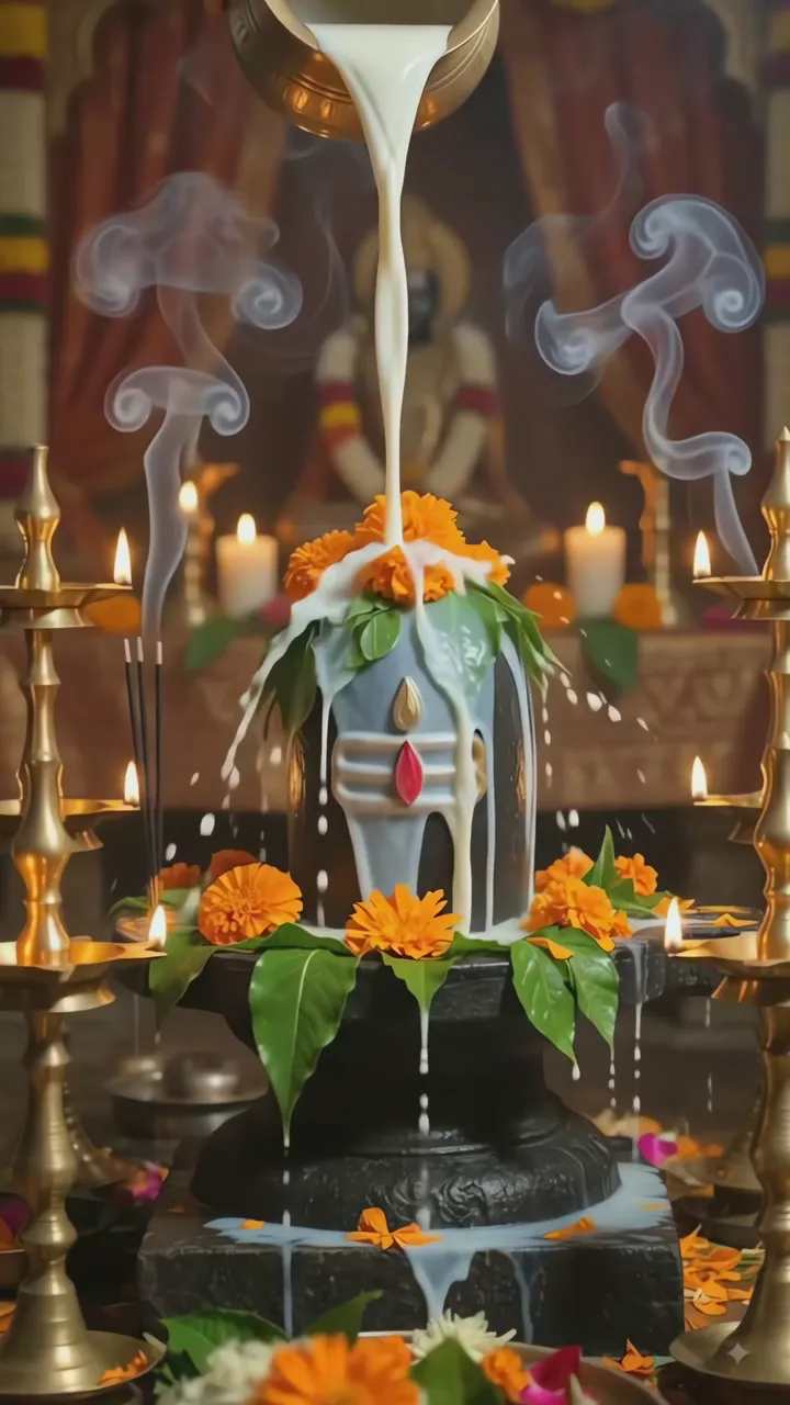 Shiva Lingam Ritual With Milk Pouring And Incense Smoke