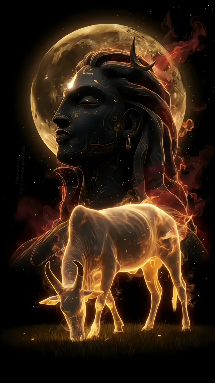 Shiva With Nandi Bull And Full Moon Cosmic Scene