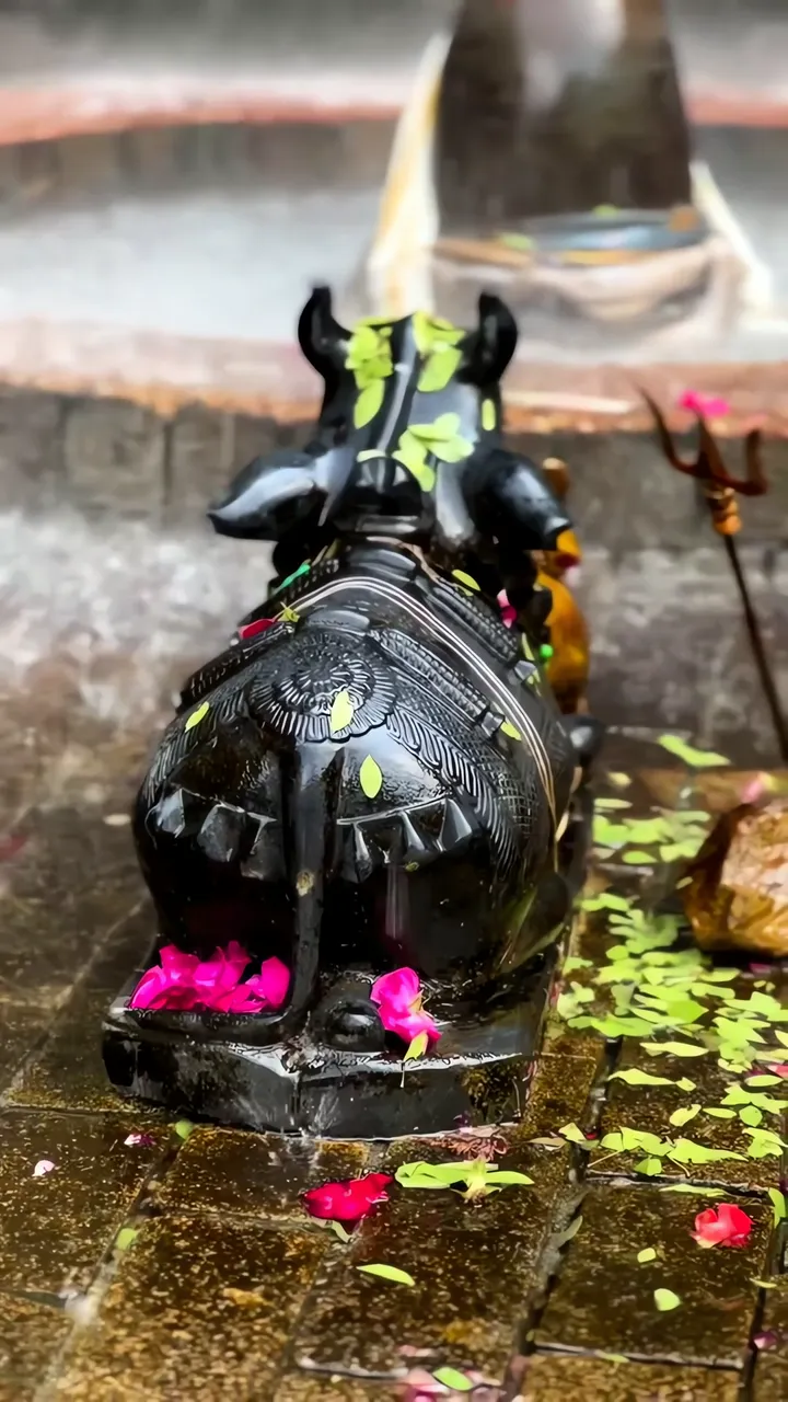 Shiva Lingam With Nandi And Trishul In Rainy Temple Scene