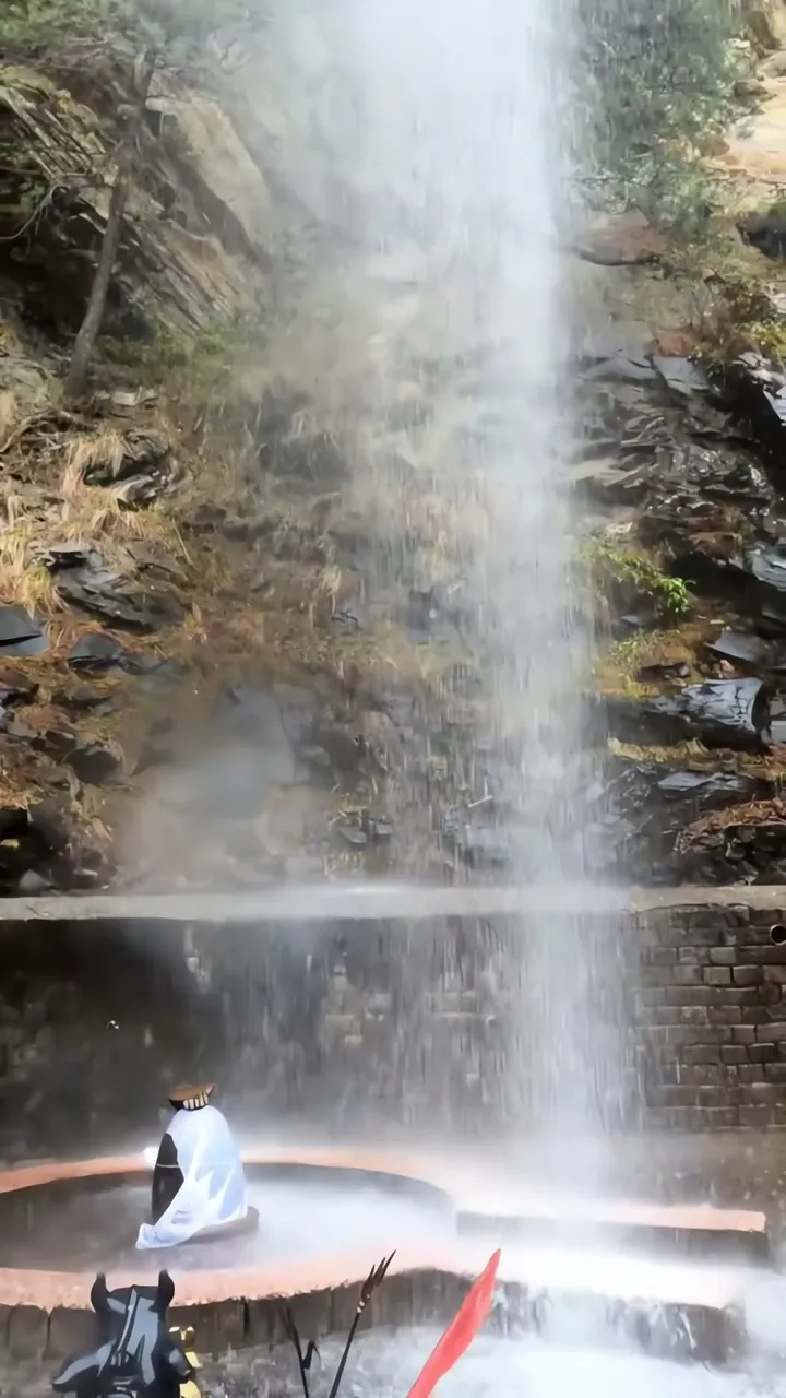Shiva Meditating Under Waterfall With Trishul And Red Flag