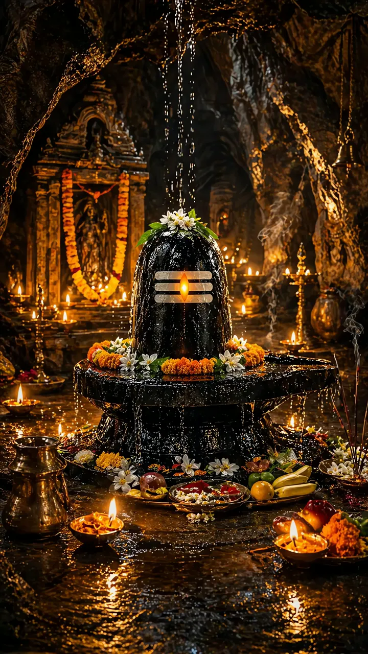 Sacred Shivling In Cave With Waterfall And Candles