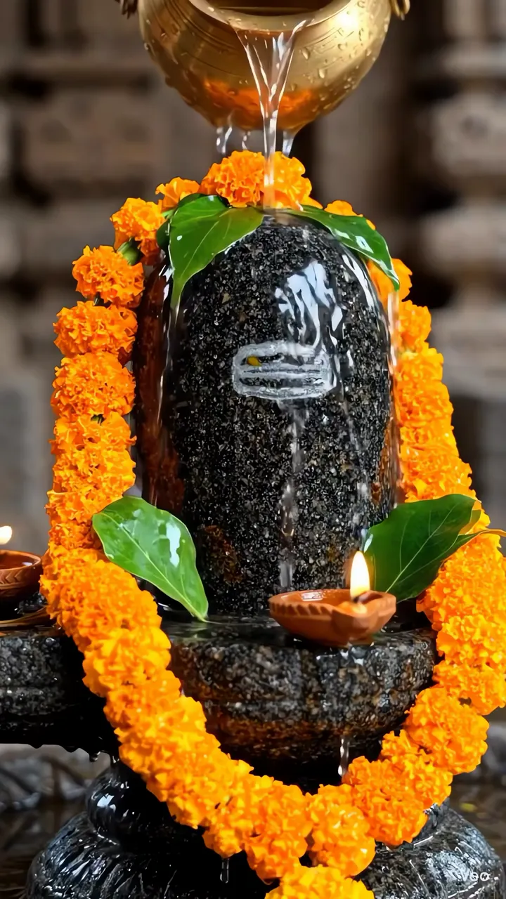 Shiva Lingam Water Ritual With Marigold Garland And Diya