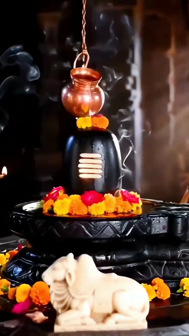 Shiva Lingam Sacred Temple Scene With Copper Kalash And Marigold