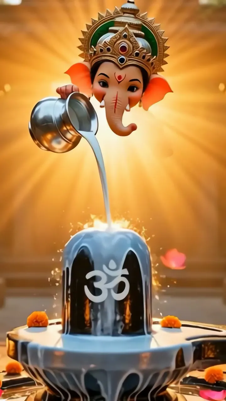 Ganesha Baba Pouring Milk On Shiva Lingam With Golden Aura