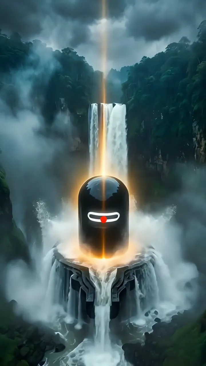 Shiva Lingam Sacred Mountain Waterfall With Divine Light