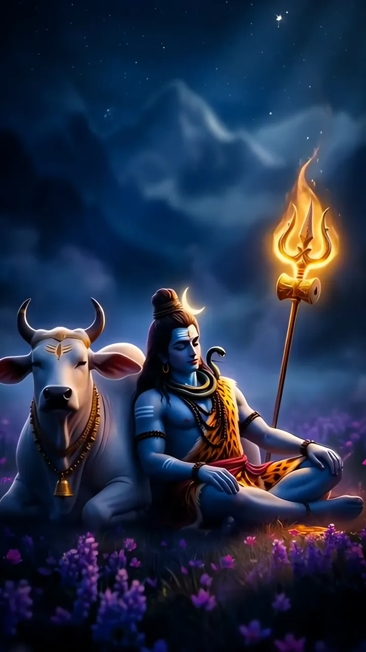 Shiva Meditation With Trishul And Nandi In Purple Field