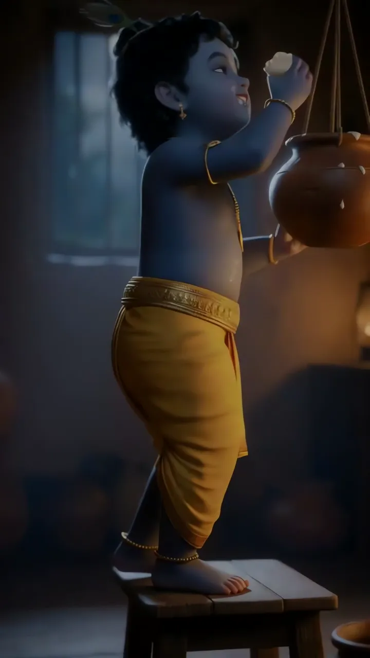 Baby Shri Krishna Playing With Pot And Peacock Feather
