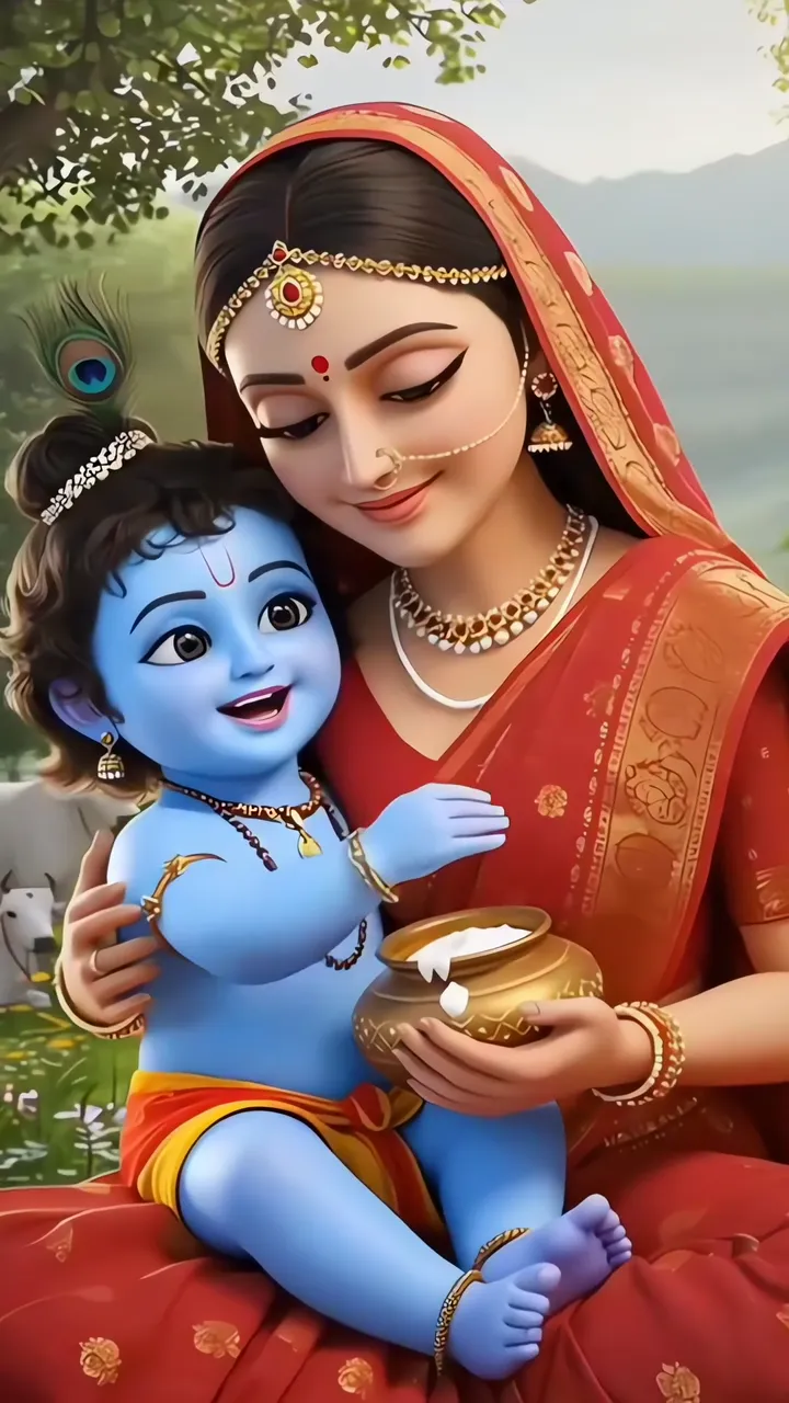 Baby Krishna With Mother Devotional Scene